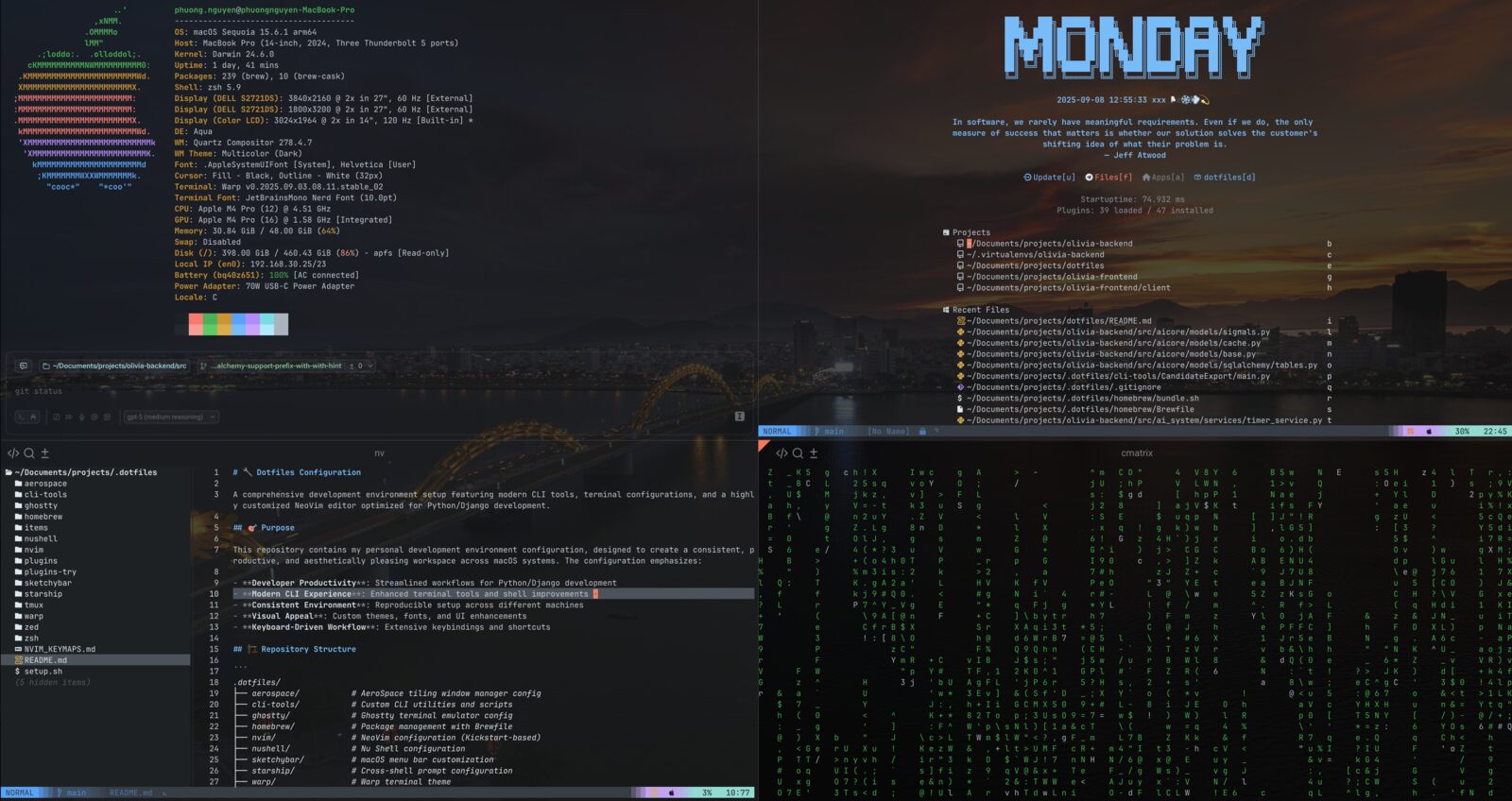 Toàn bộ môi trường dotfiles — AeroSpace tile cửa sổ, SketchyBar HUD, các terminal có theme, và Neovim IDE — tất cả điều khiển bằng cùng một repo